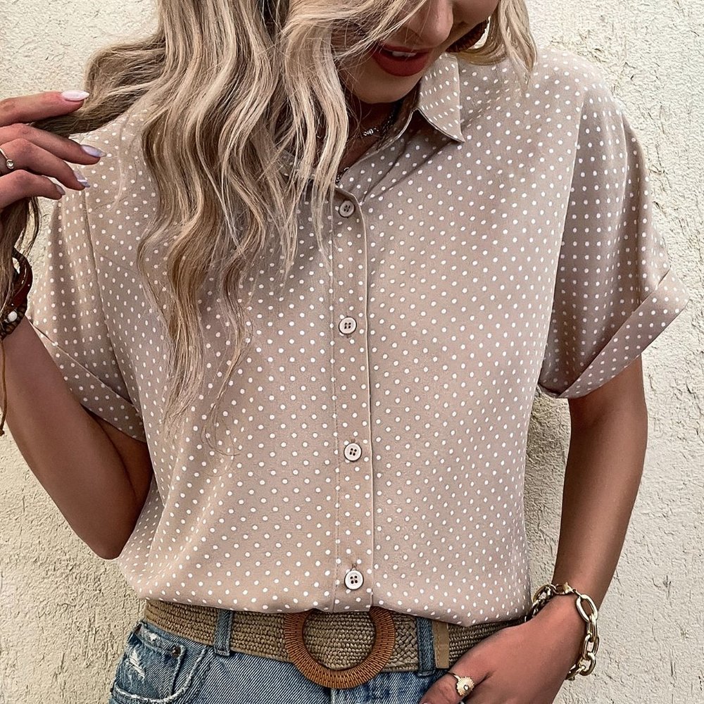 New Polka Dot Batwing Sleeve Shirt Apricot